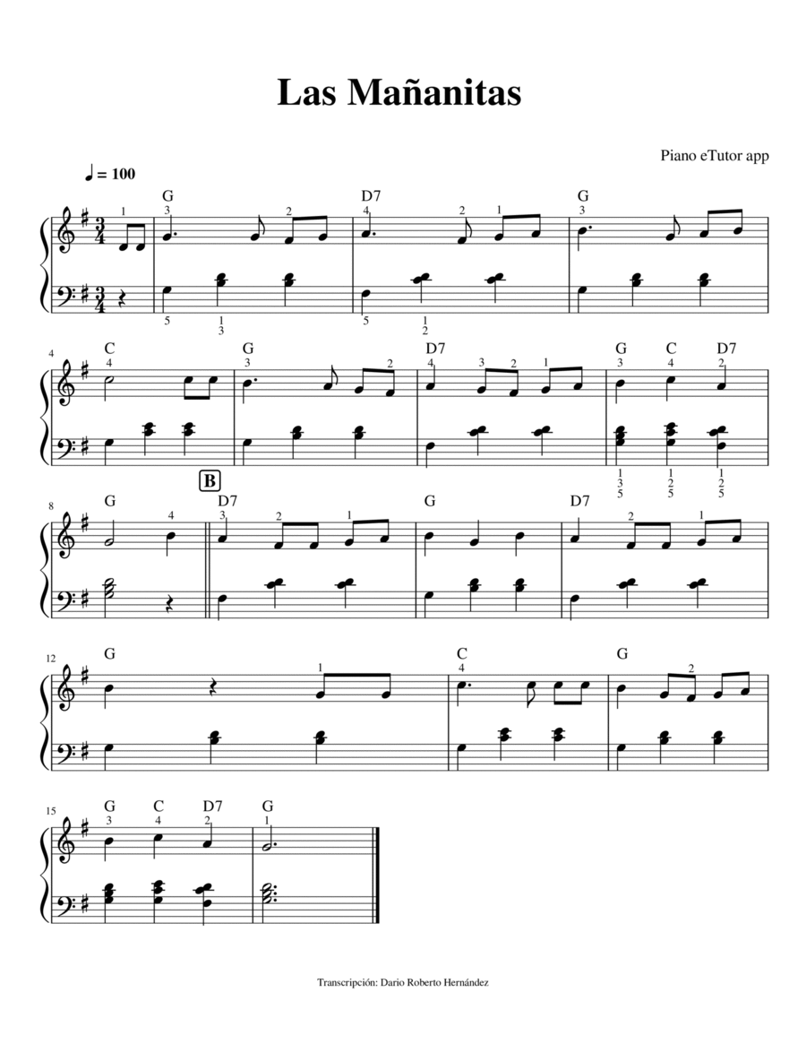Las Mañanitas- piano sheet music Easy Piano scores gallery preview page 1
