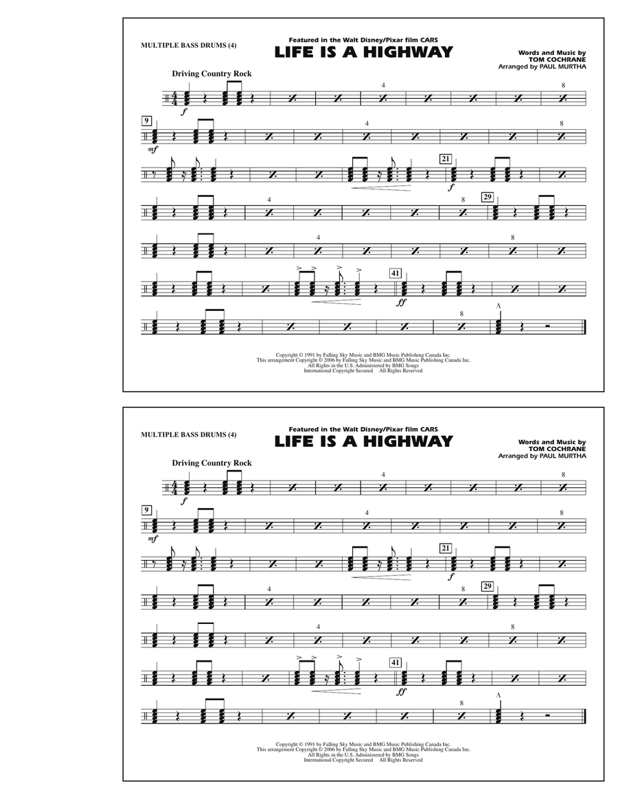 Life Is A Highway - Multiple Bass Drums Marching Band scores gallery preview page 1