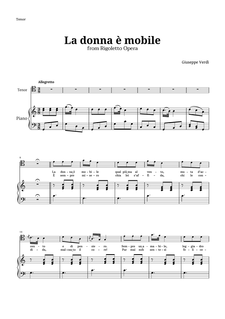 La donna è mobile in C major for Tenor and Piano Piano, Vocal scores gallery preview page 1