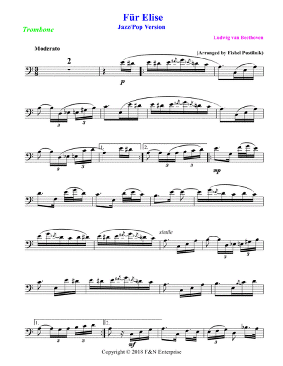 "Für Elise" for Trombone (with Background Track)-Jazz/Pop Version image number null
