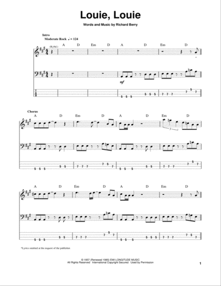 Louie Louie Bass Guitar Tablature scores gallery preview page 1