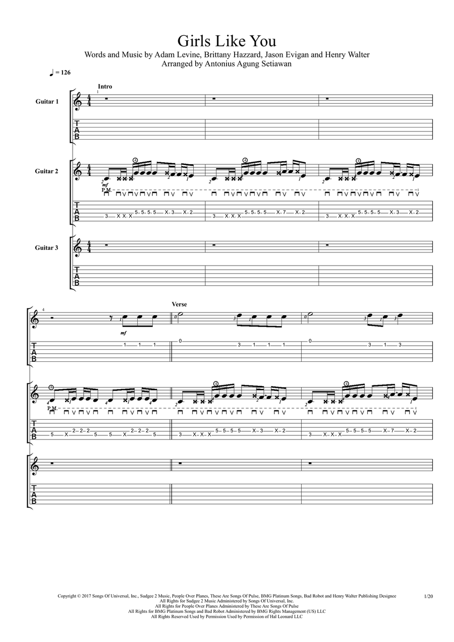 Girls Like You Guitar Ensemble scores gallery preview page 1