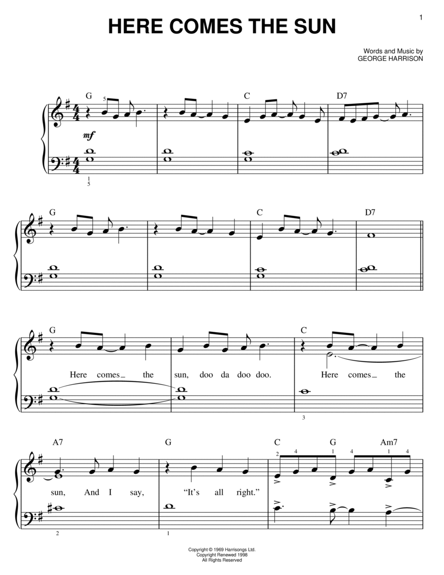 Here Comes The Sun Easy Piano scores gallery preview page 1