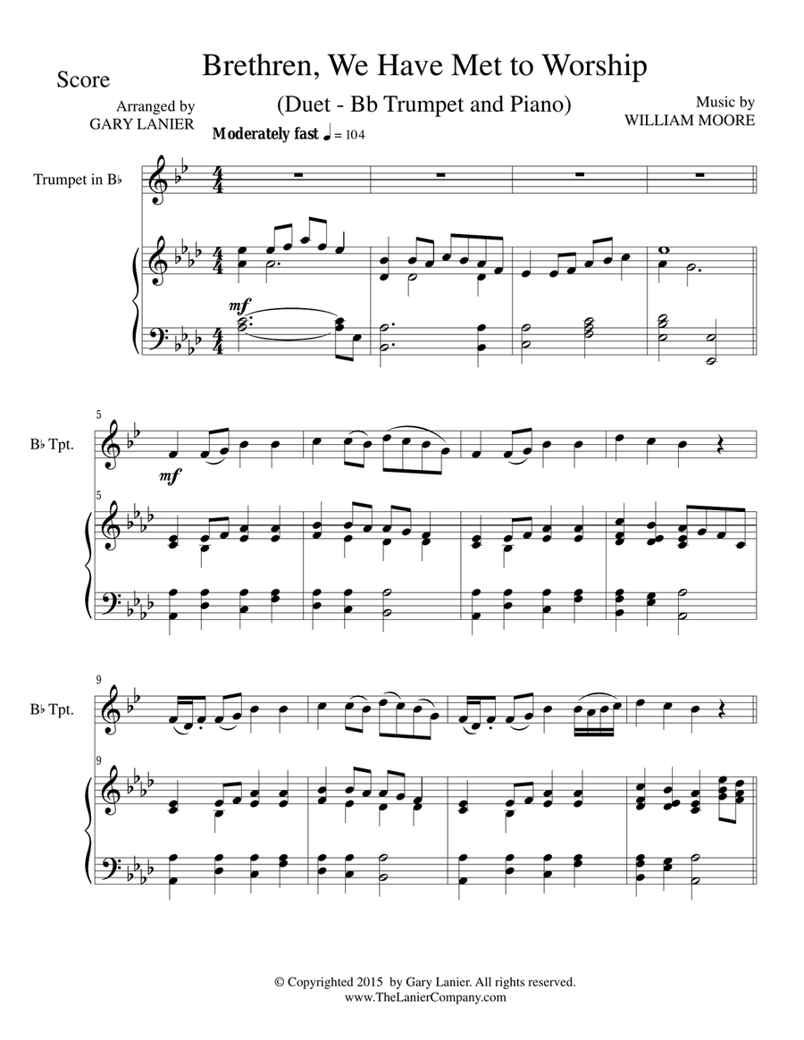BRETHREN, WE HAVE MET TO WORSHIP (Duet – Bb Trumpet and Piano/Score and Parts) Trumpet Duet scores gallery preview page 1
