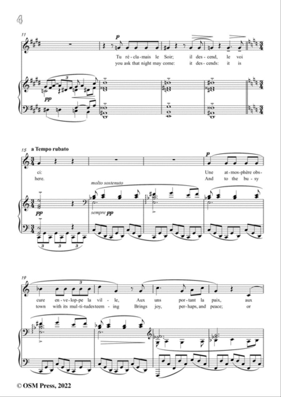 Debussy-Recueillement,CD 70 No.4,in c sharp minor,from '5 Poemes de Baudelaire,CD 70'for Voice and P Voice scores gallery preview page 4