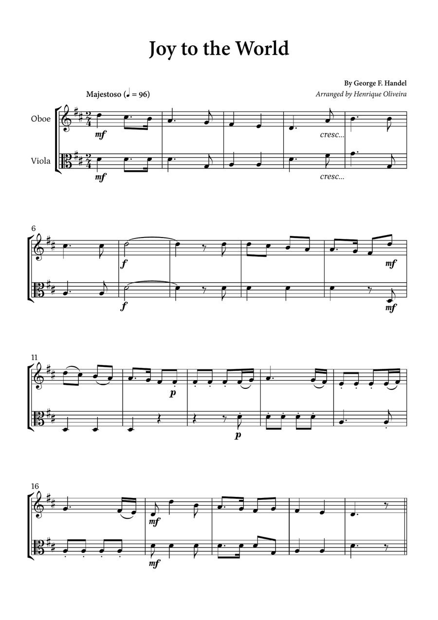 Joy to the World (Oboe and Viola) - Christmas Carol Oboe scores gallery preview page 1