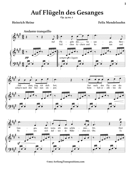 MENDELSSOHN: Auf Flügeln des Gesanges, Op. 34 no. 2 (transposed to A major)