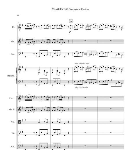 Vivaldi RV 106 Concerto in Em Full Score Parts Flute Violin Cello