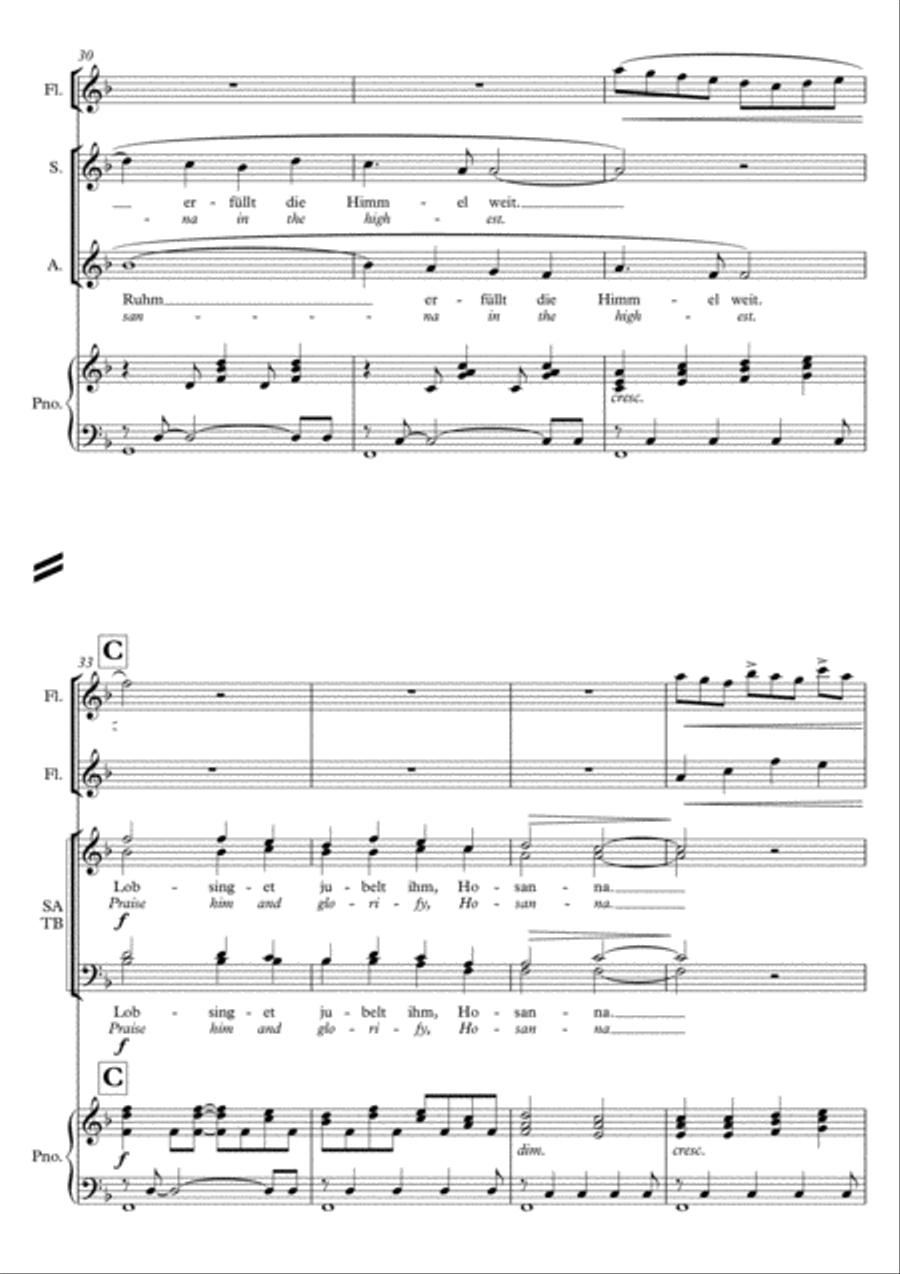 Sanctus / Holy / Heilig 2013 in F (Eng & Gm) for SATB choir, piano and flutes (rhythmic setting) 4-Part scores gallery preview page 4