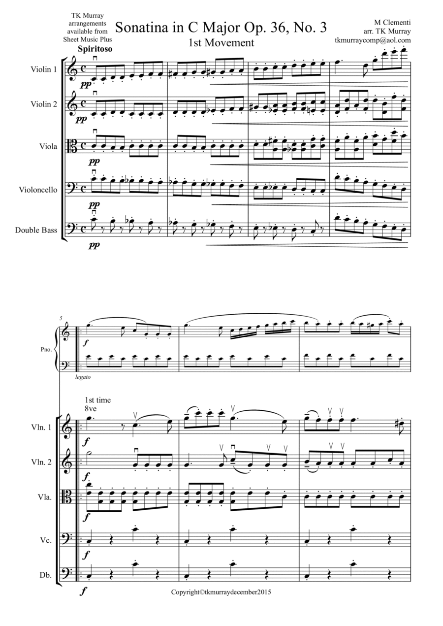 Clementi - Sonatina in C Op.36 No.3 1st Mvt - Piano & String Quartet/Orch Piano Quintet scores gallery preview page 1