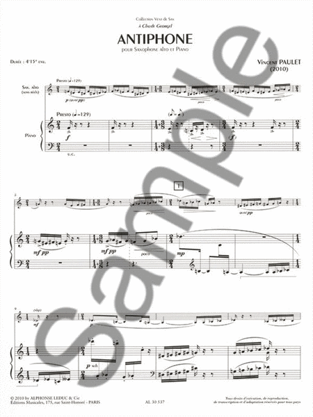 Antiphone (4'15'') (7e) (collection Vent De Sax) Pour Saxophone Alto Et Piano