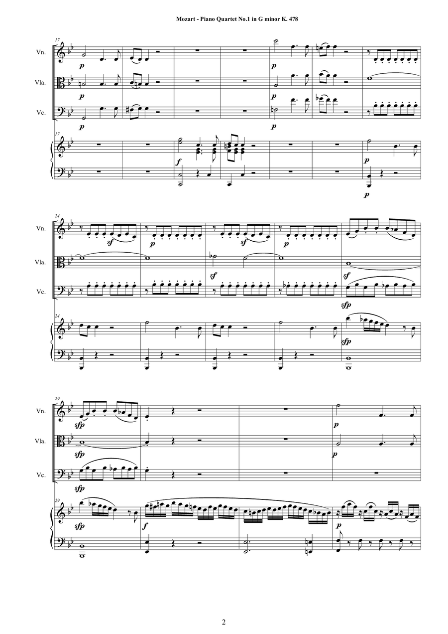 Mozart - Piano Quartet No.1 in G minor K 478 for Violin,Viola, Cello and Piano - Score and Parts Piano Quartet scores gallery preview page 2