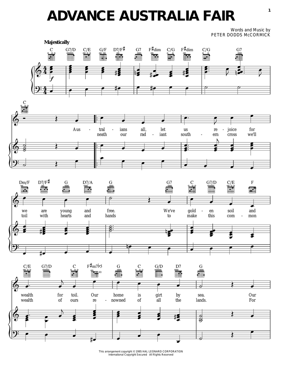 Advance Australia Fair Advance Australia Fair Piano, Vocal, Guitar scores gallery preview page 1