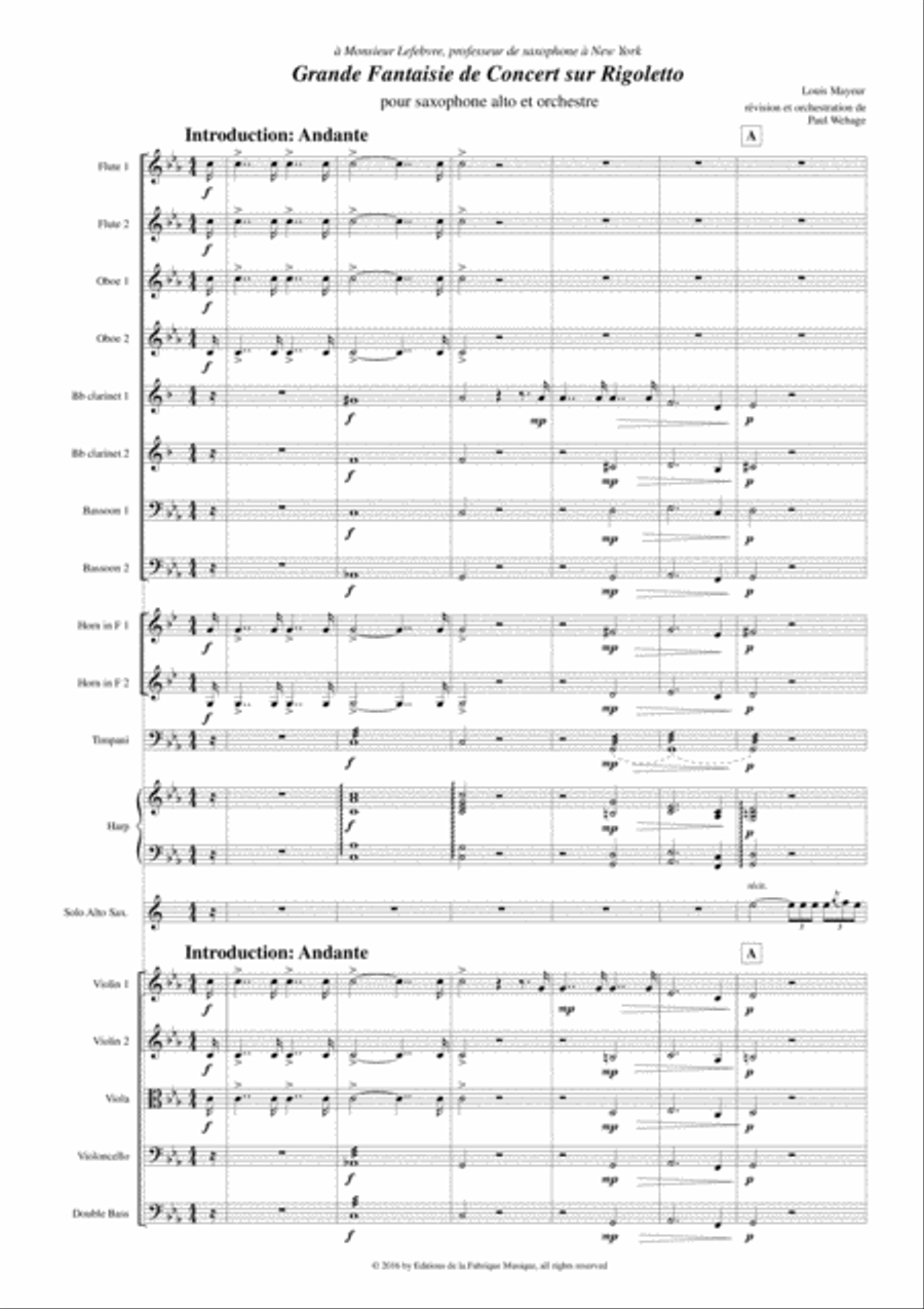 Louis Mayeur: Grande Fantaisie de Concert sur Rigoletto (de Verdi) for alto saxophone and orchestra