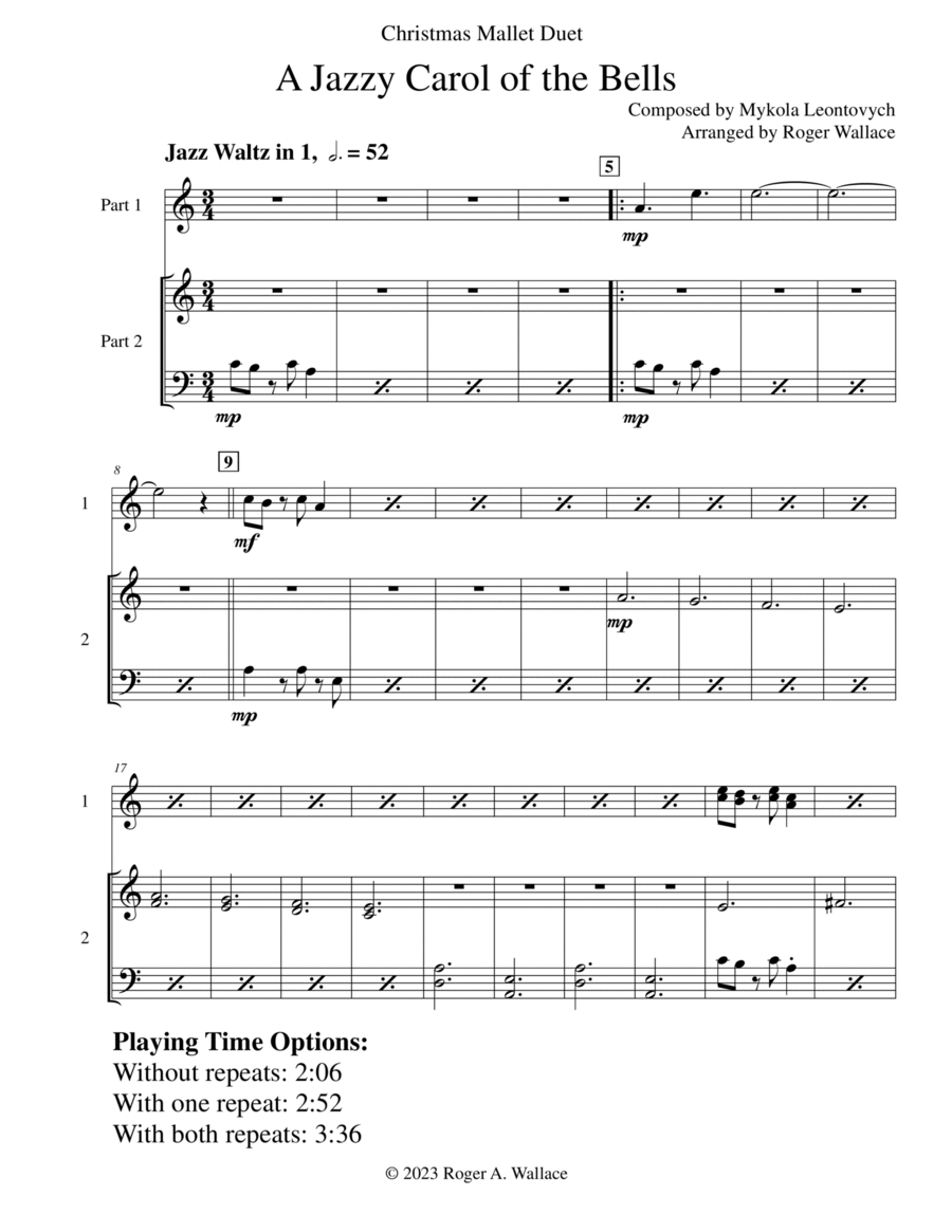 Carol of the Bells (Jazz Waltz for Vibraphone & Marimba Duet) Marimba scores gallery preview page 1