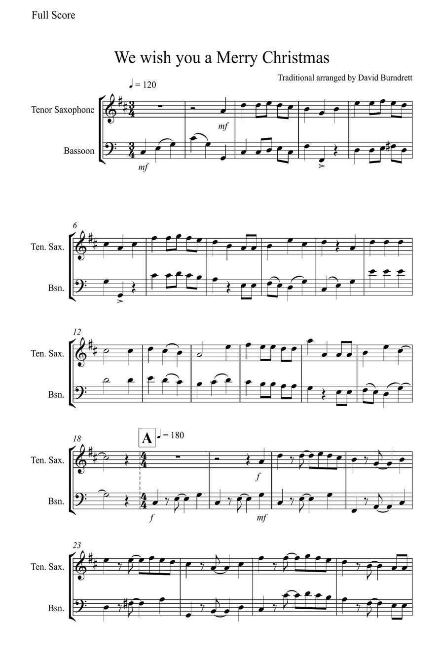 We Wish you a Merry Christmas for Tenor Saxophone and Bassoon Duet Woodwind Duet scores gallery preview page 1