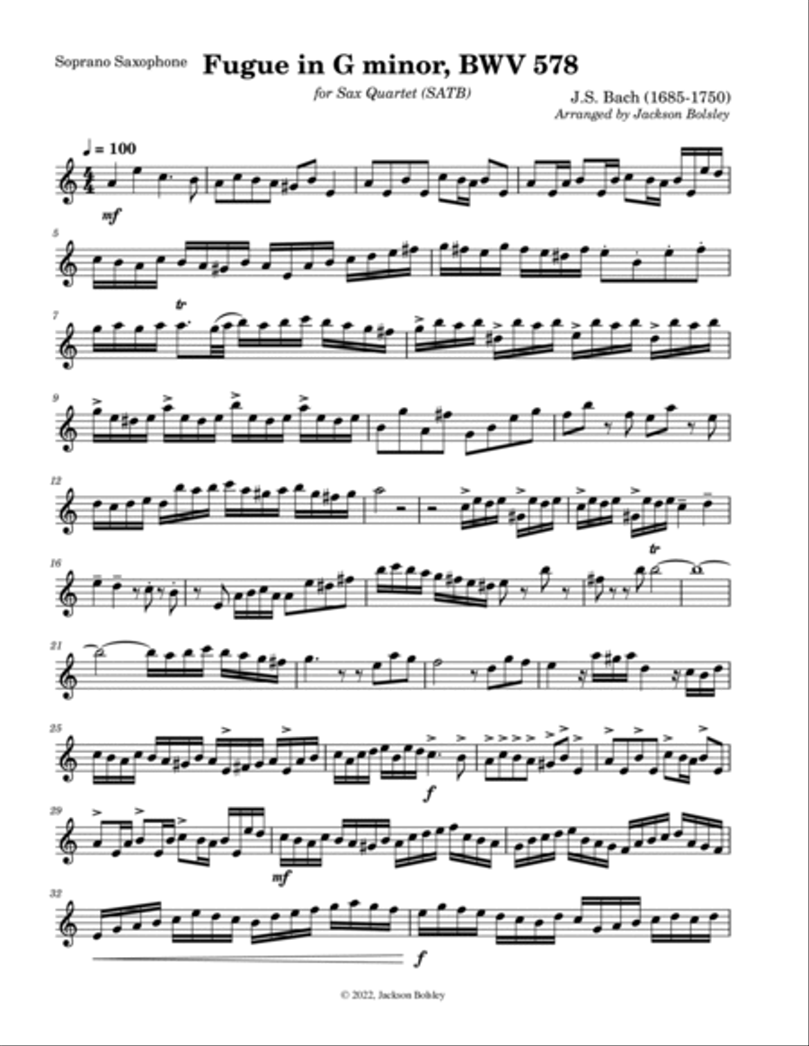 Fugue in G Minor, BMV 578 for Sax Quartet Saxophone Quartet scores gallery preview page 6