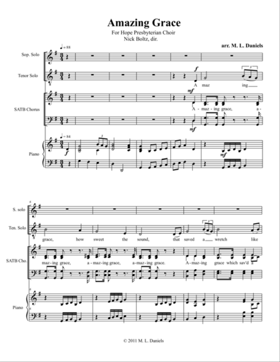 Amazing Grace (for SATB, piano, and solo tenor and soprano) 4-Part scores gallery preview page 1