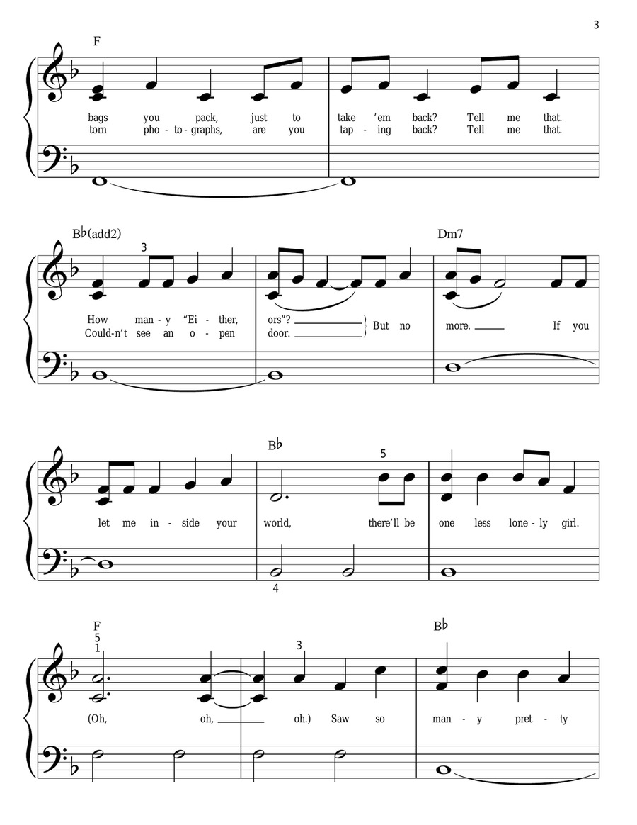 One Less Lonely Girl Easy Piano scores gallery preview page 3