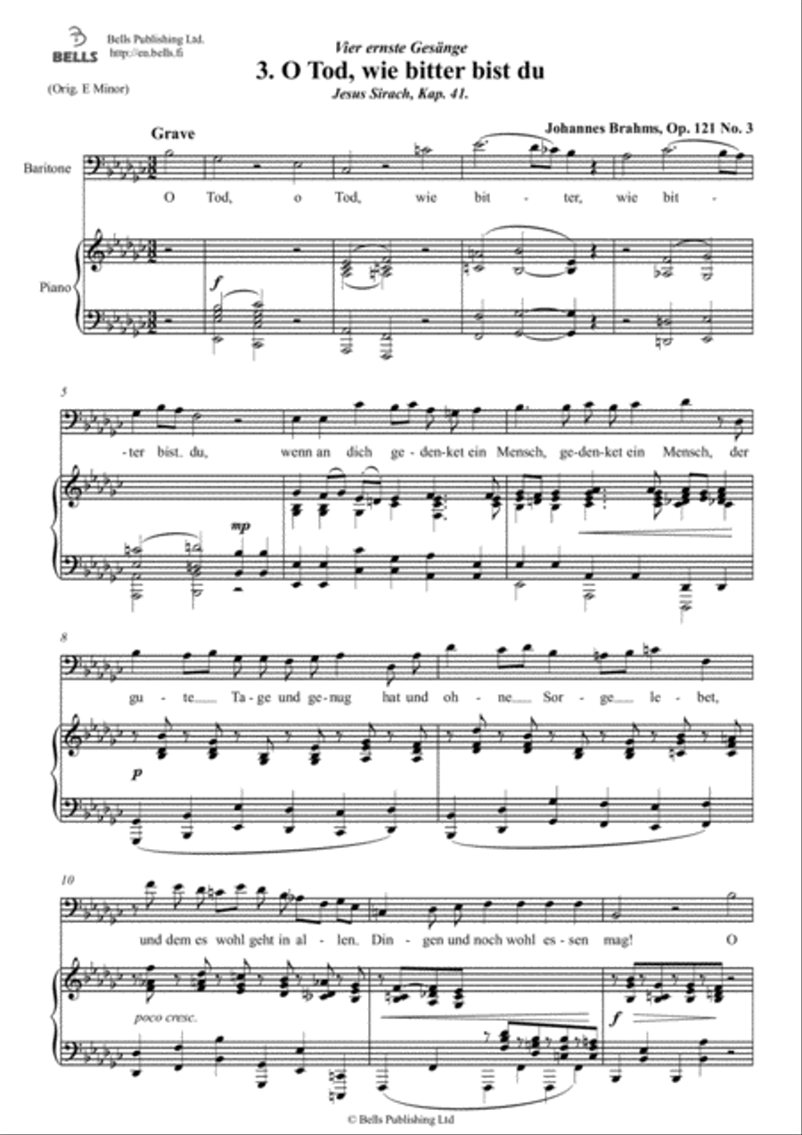 O Tod, wie bitter bist du, Op. 121 No. 3 (E-flat minor) Voice Solo scores gallery preview page 1