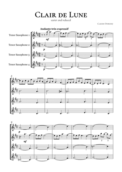 Clair de Lune Debussy Tenor Saxophone Quartet by Claude Debussy Saxophone Quartet - Digital Sheet Music