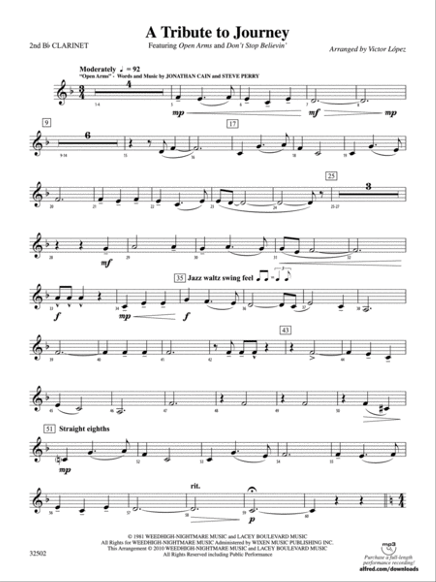 A Tribute to Journey: 2nd B-flat Clarinet Concert Band scores gallery preview page 1