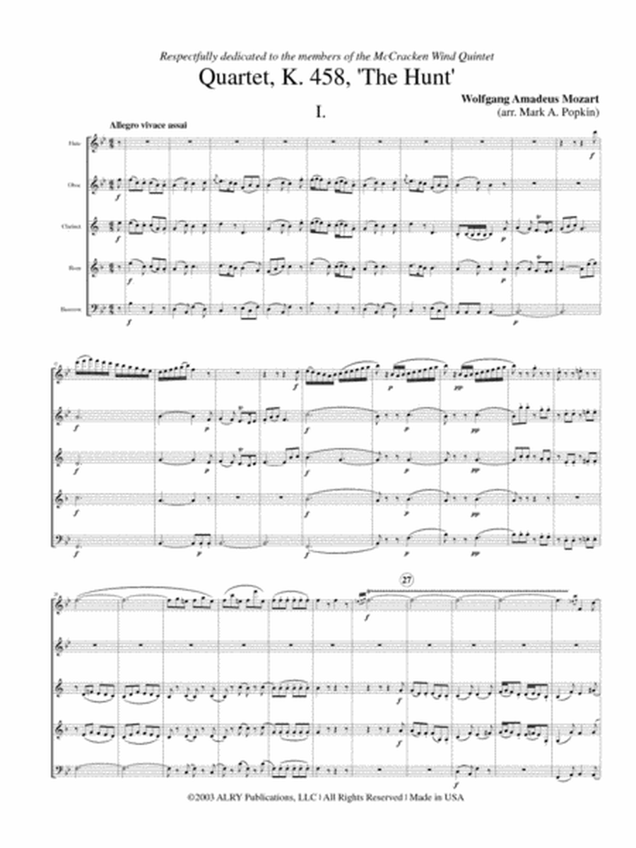Quartet, K. 458 "The Hunt" for Wind Quintet