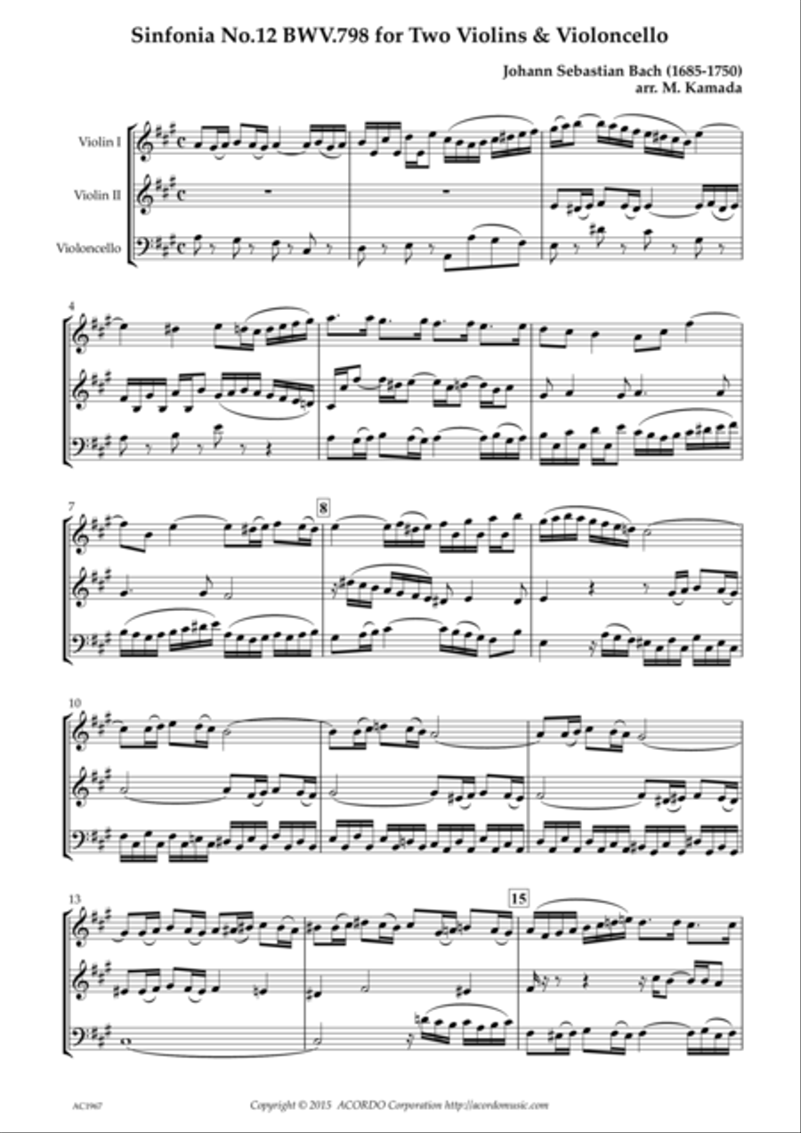 Sinfonia No.12 BWV.798 for Two Violins & Violoncello String Duet scores gallery preview page 1