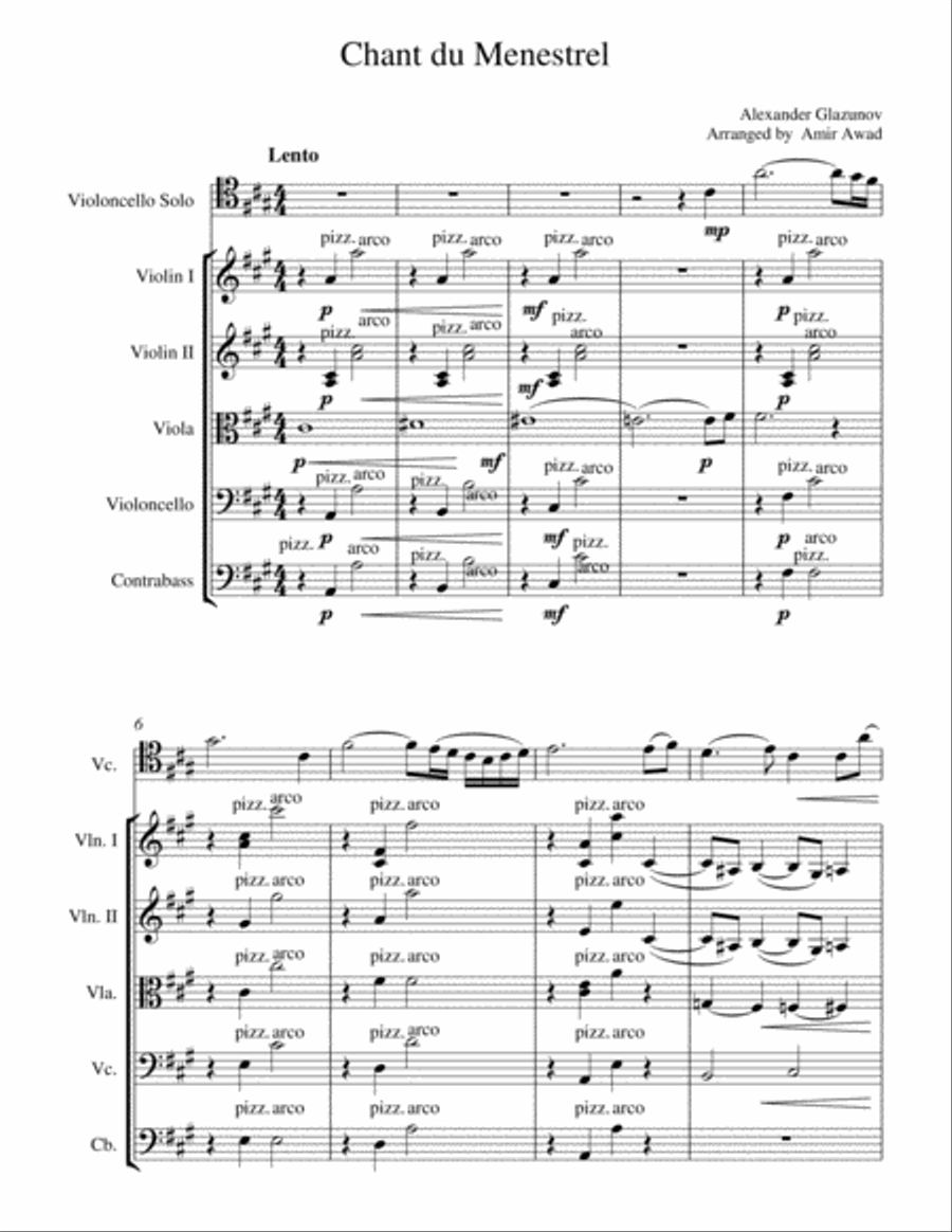 Glazunov: Chant du Menestrel Op.71 for Cello Solo and String Orchestra String Orchestra scores gallery preview page 2
