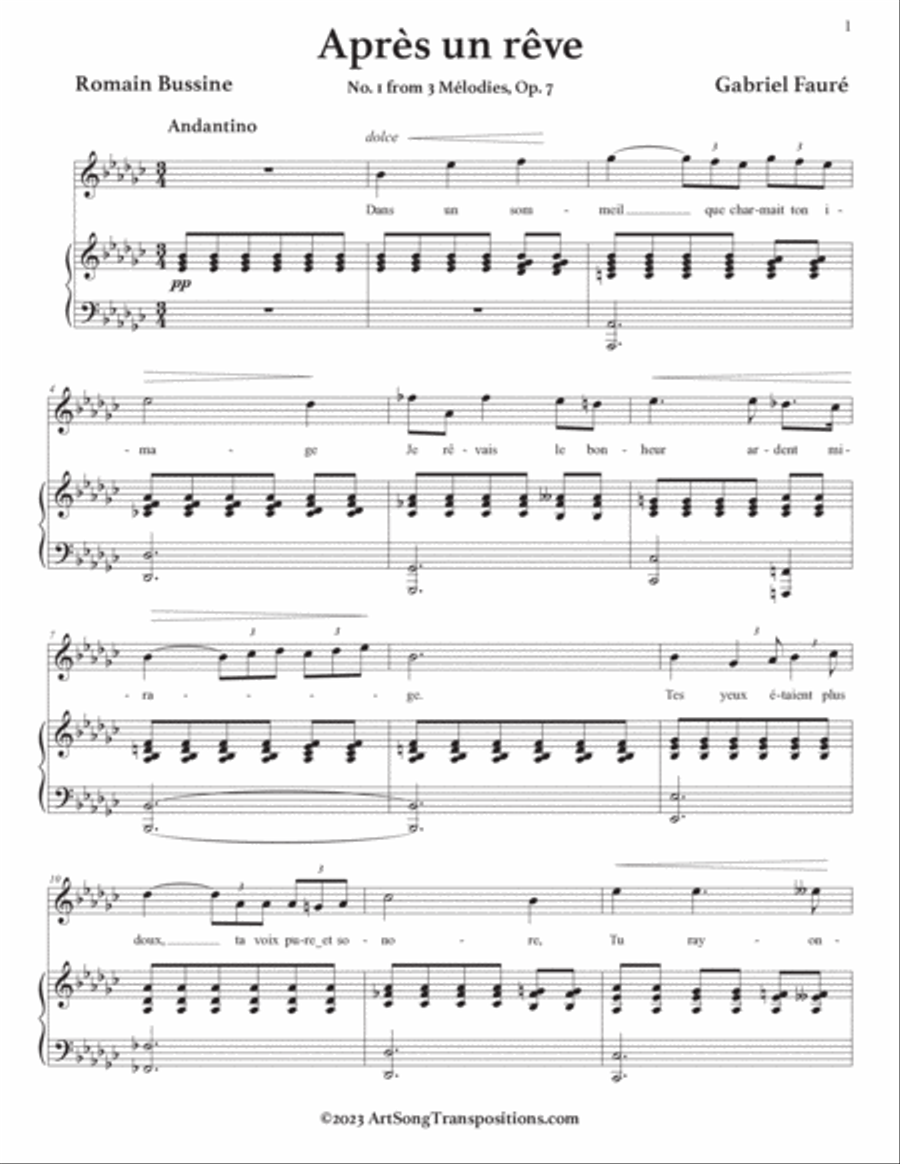 FAURÉ: Après un rêve, Op. 7 no. 1 (transposed to E-flat minor, D minor, and C-sharp minor) Voice scores gallery preview page 2