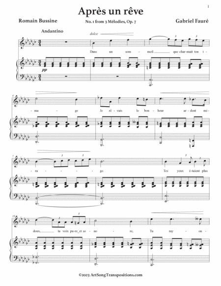 FAURÉ: Après un rêve, Op. 7 no. 1 (transposed to E-flat minor, D minor, and C-sharp minor)