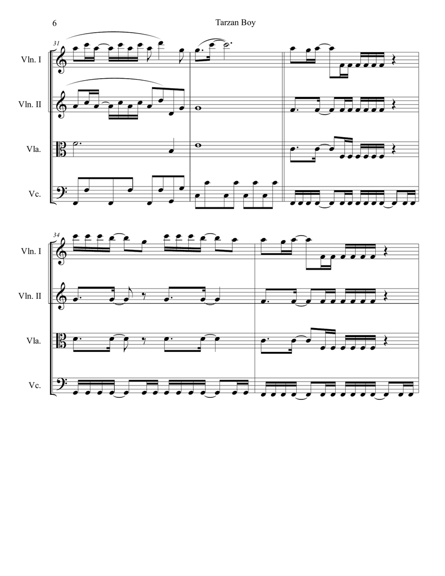 Tarzan Boy Tarzan Boy String Quartet scores gallery preview page 6