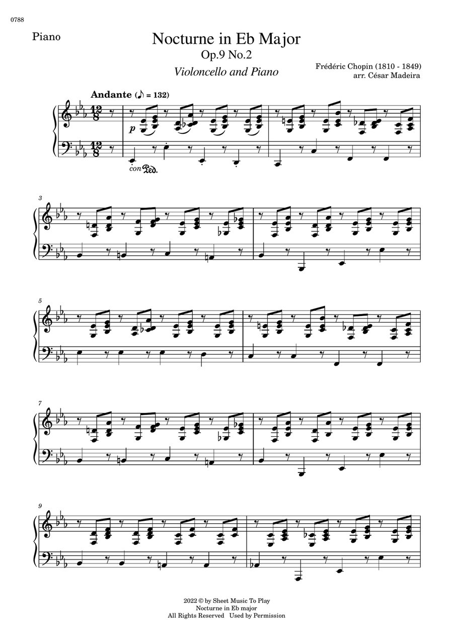 Nocturne Op.9 No.2 by Chopin - Cello and Piano (Individual Parts) Piano scores gallery preview page 3