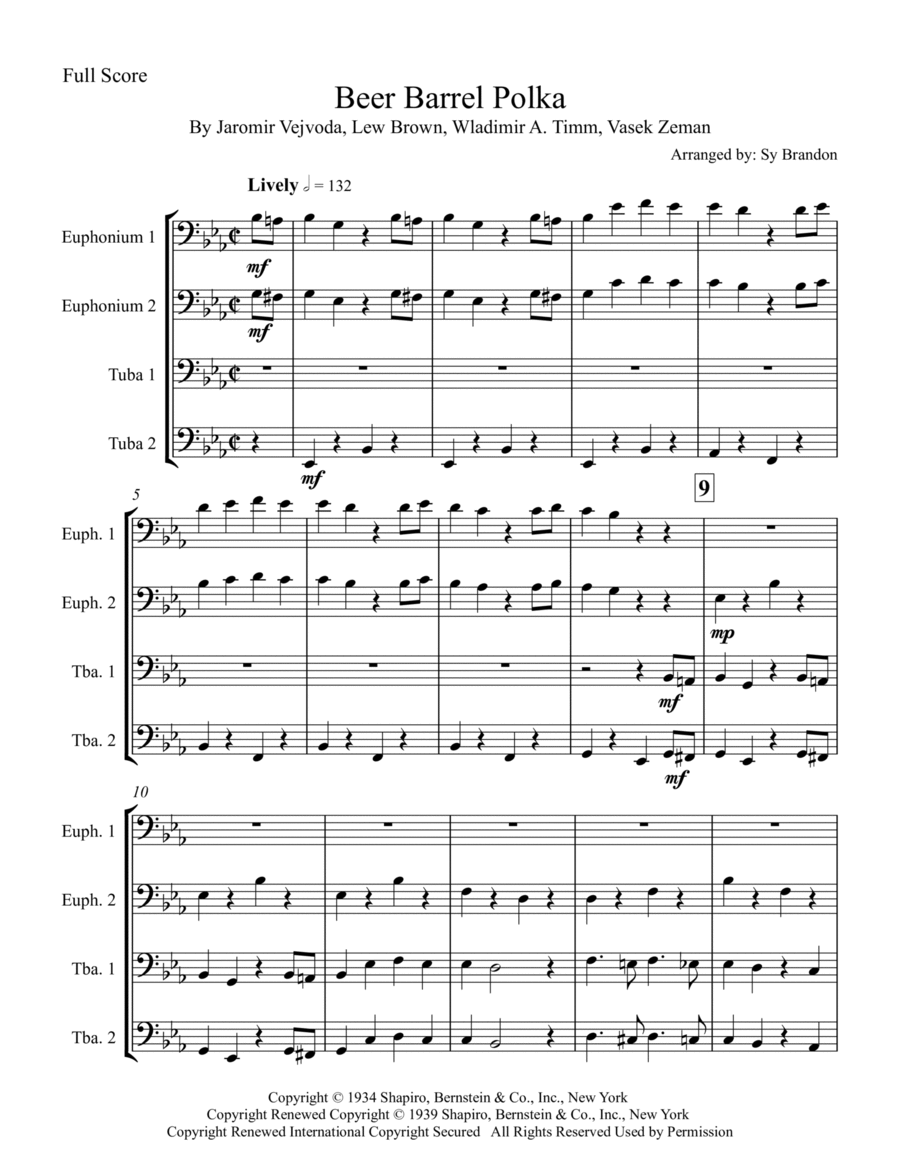 Beer Barrel Polka (roll Out The Barrel) Euphonium scores gallery preview page 1
