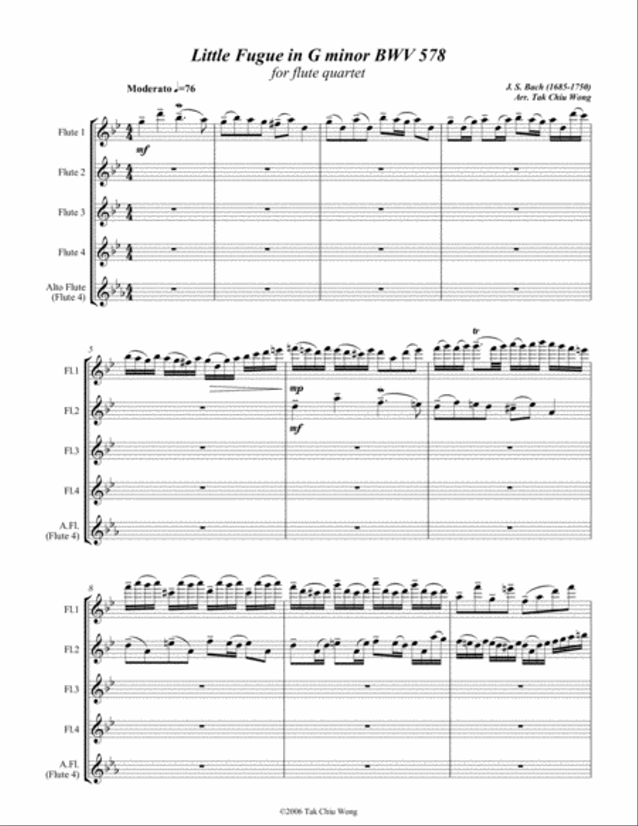 Little Fugue in G minor arranged for Flute Quartet Flute Quartet scores gallery preview page 2