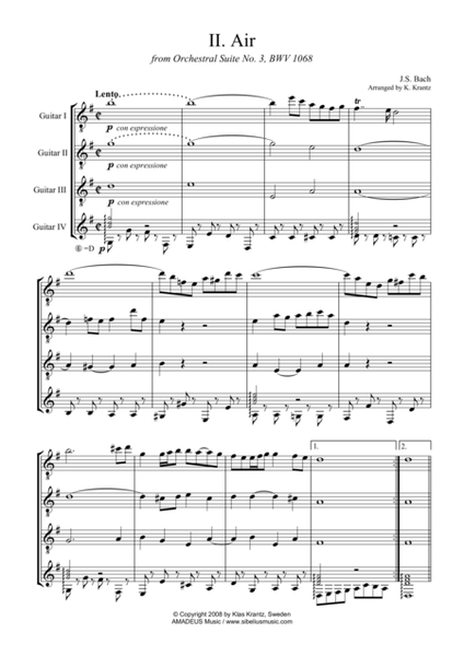 Air (on the G string) BWV 1068 for guitar quartet by Johann Sebastian Bach  - Guitar Ensemble - Digital Sheet Music