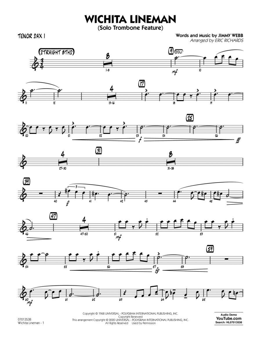 Wichita Lineman (arr. Eric Richards) - Tenor Sax 1 Jazz Ensemble scores gallery preview page 1