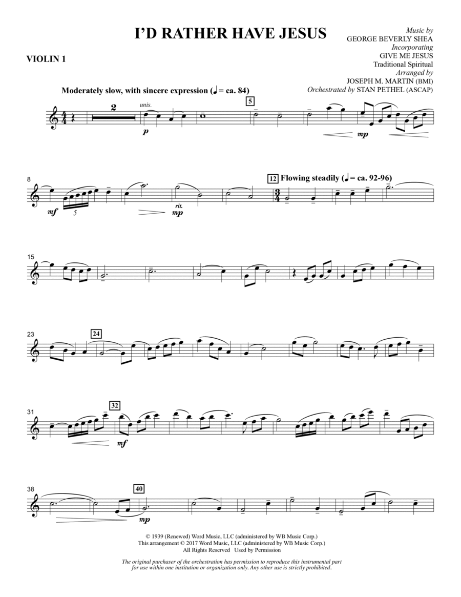 I'd Rather Have Jesus - Violin 1 Choir scores gallery preview page 1