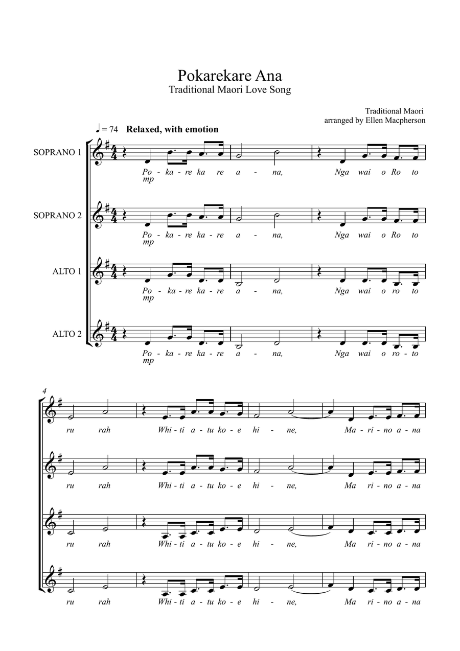 Pokarekare Ana - A Traditional Maori Love song - (ssaa, acapella) SSAA scores gallery preview page 1