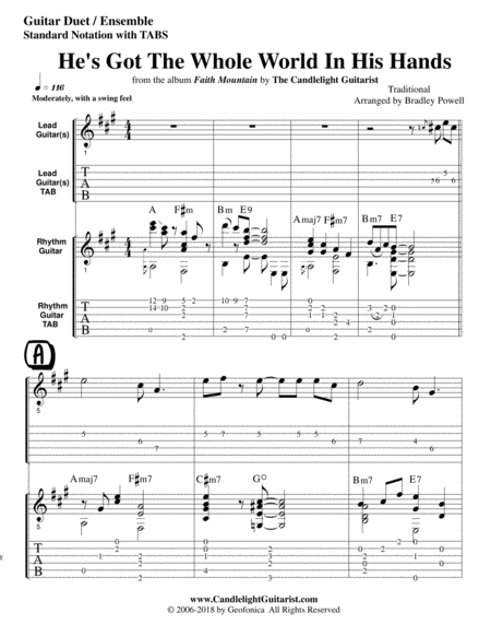 He's Got The Whole World In His Hands (Guitar Duet arrangement - both parts in standard notation wit