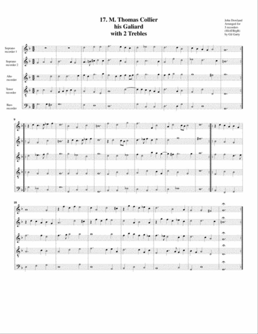 M. Thomas Collier his Galiard with 2 Trebles (17, 1604) (arrangement for 5 recorders) Recorder scores gallery preview page 2