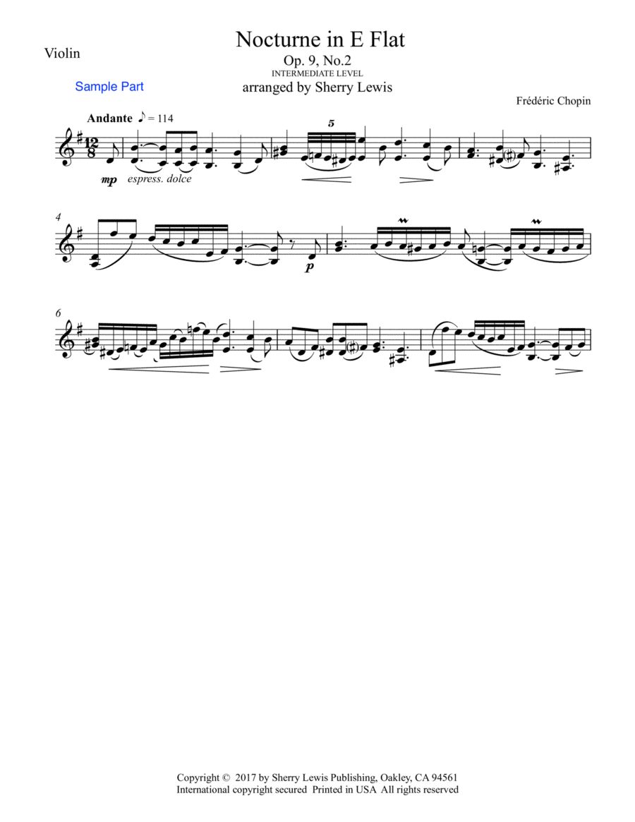 NOCTURNE Op.9 No.2, Solo Violin Intermediate Level for a violin solo Violin Solo scores gallery preview page 1