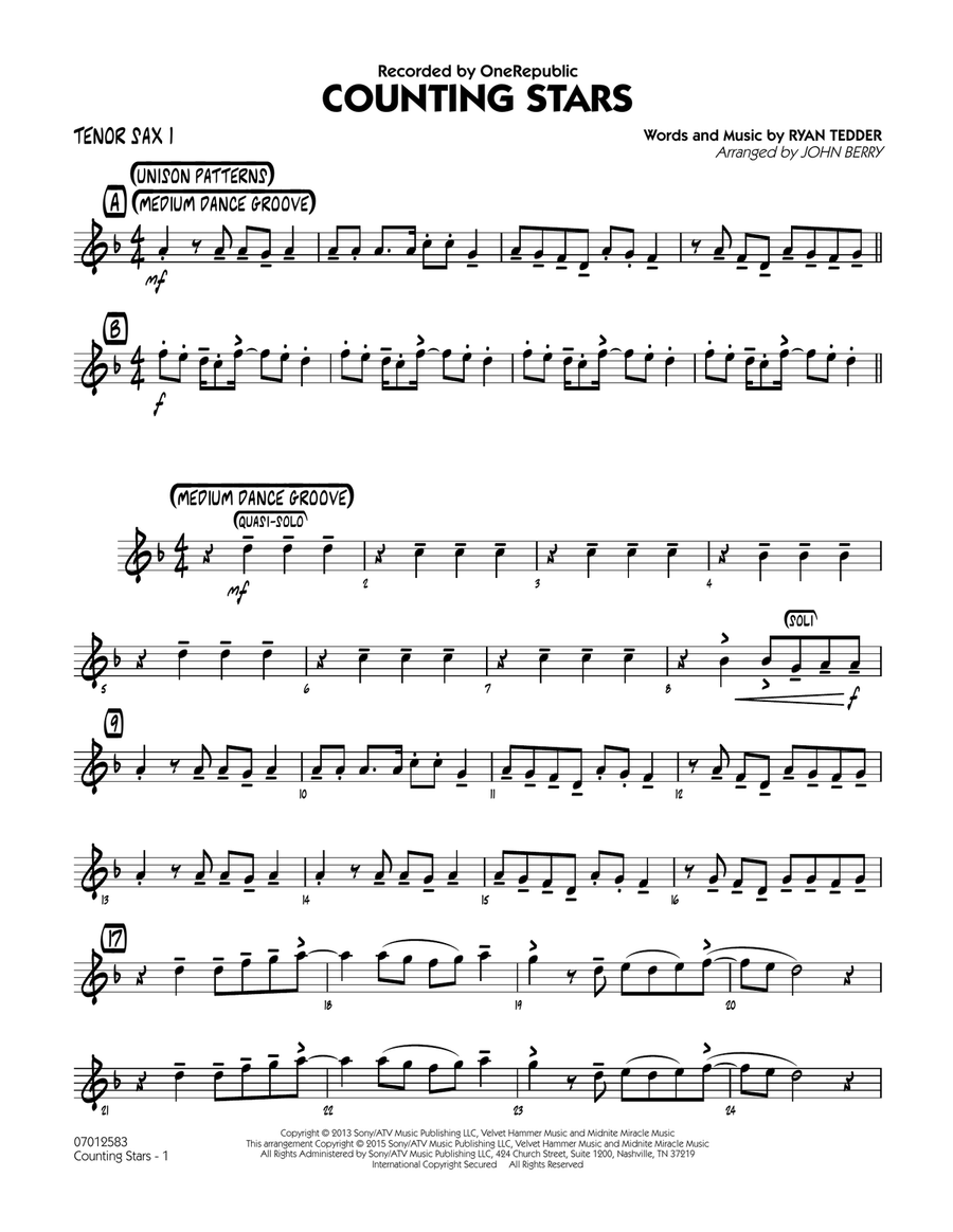 Counting Stars - Tenor Sax 1