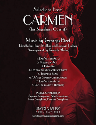 Book cover for Bizet – Selections from CARMEN (for Saxophone Quartet SATB)