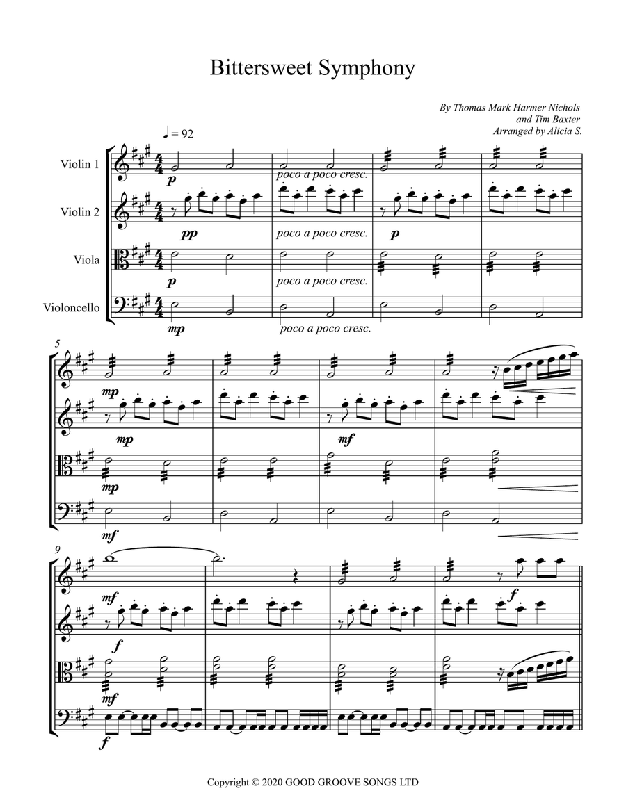 Bittersweet Symphony String Quartet scores gallery preview page 1