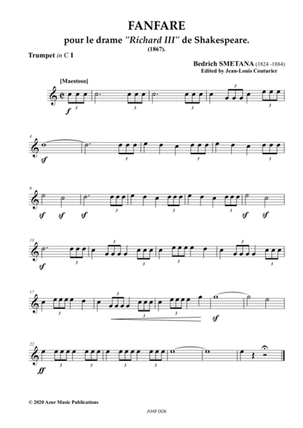 FANFARE POUR LE DRAME "RICHARD III" (1867) Bedrich SMETANA (1824-1884) for Brass Ensemble and Timpan Percussion - Digital Sheet Music