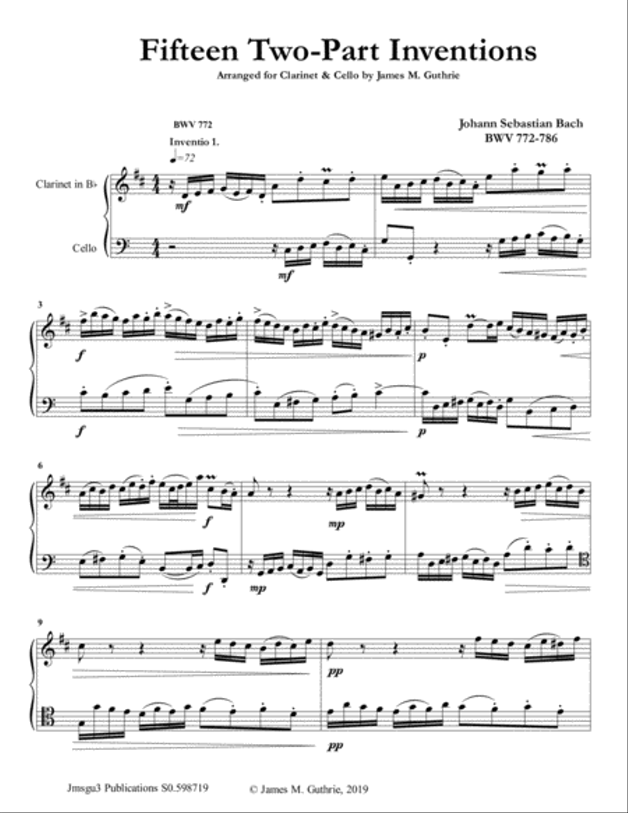 Bach: 15 Two-Part Inventions for Clarinet & Cello Clarinet scores gallery preview page 1