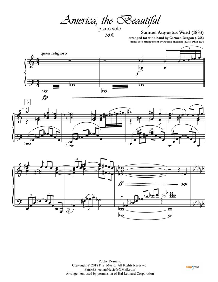 America, the Beautiful (arr. C. Dragon) for solo piano Piano Solo scores gallery preview page 1
