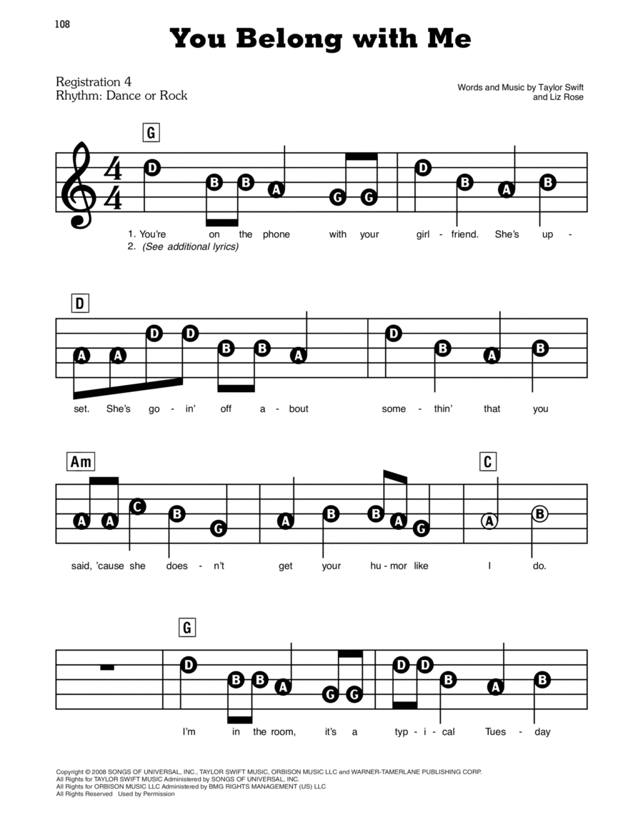You Belong With Me Electronic Keyboard scores gallery preview page 1