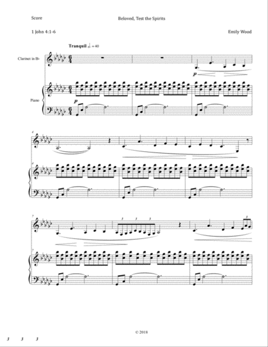 Beloved, Test the Spirits (sacred piece for clarinet and piano) Clarinet Solo scores gallery preview page 1